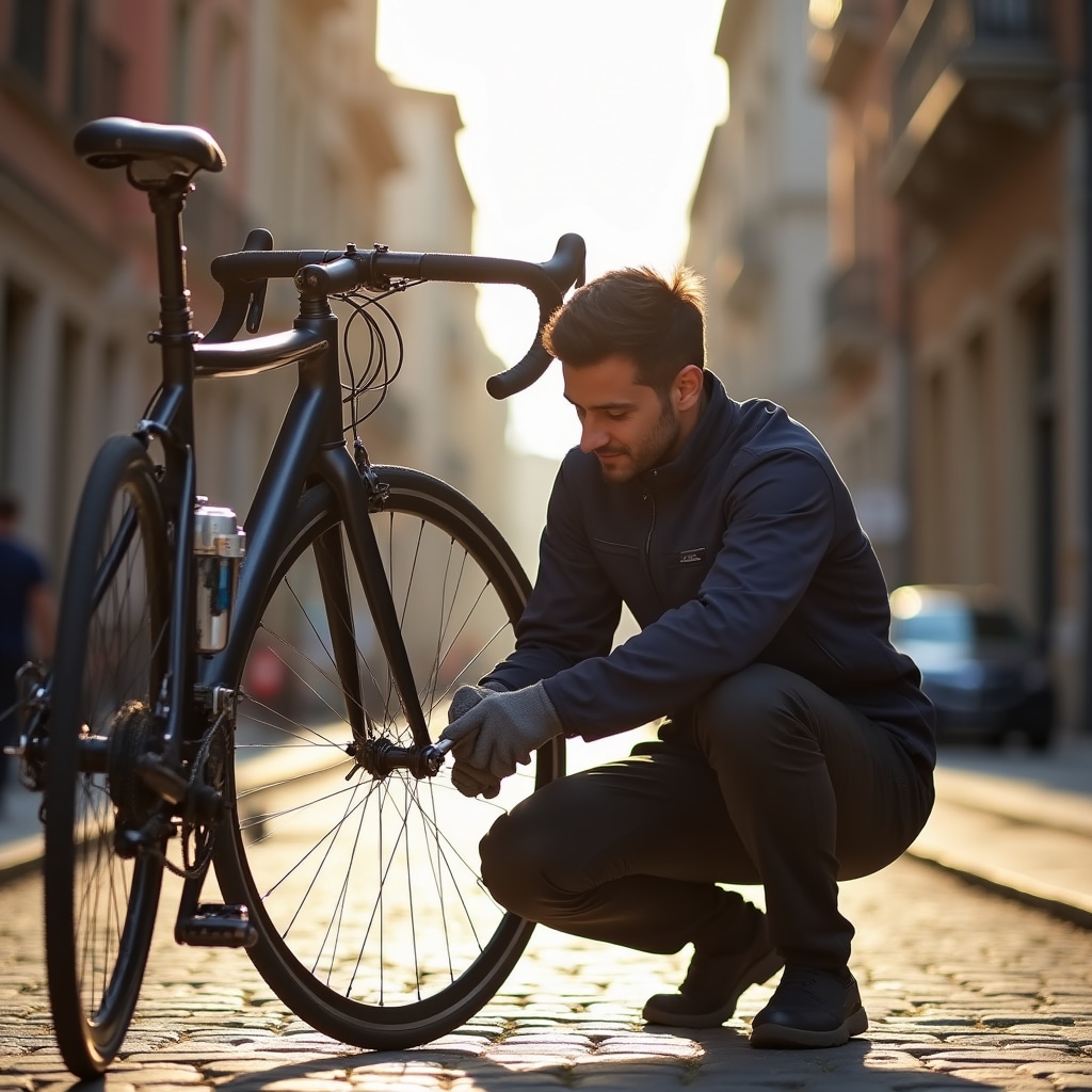 Tecnico che ripara una bicicletta in strada